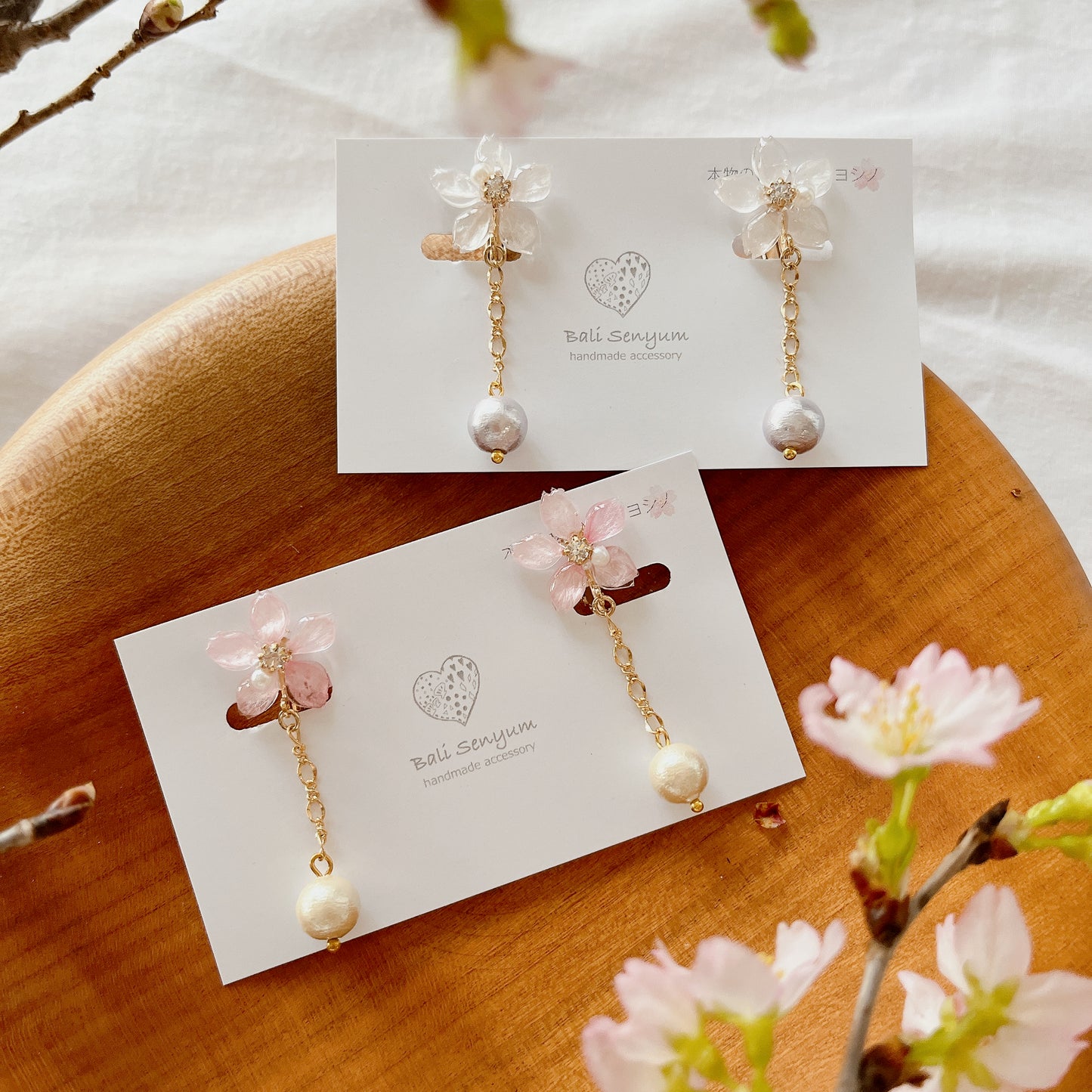 Someiyoshino Sakura Earrings with Japanese Cotton Pearl Chain #S033