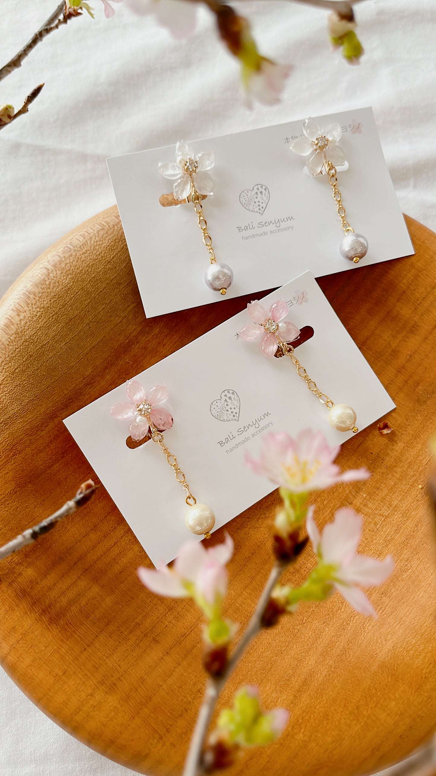 Someiyoshino Sakura Earrings with Japanese Cotton Pearl Chain #S033