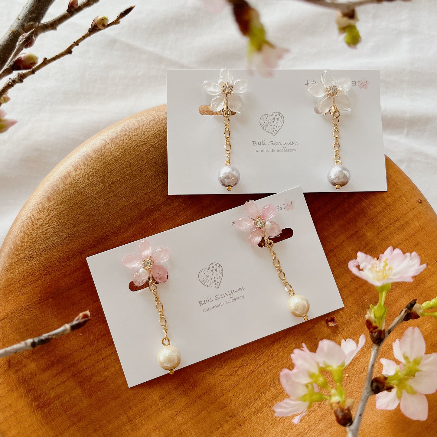 Someiyoshino Sakura Earrings with Japanese Cotton Pearl Chain #S033