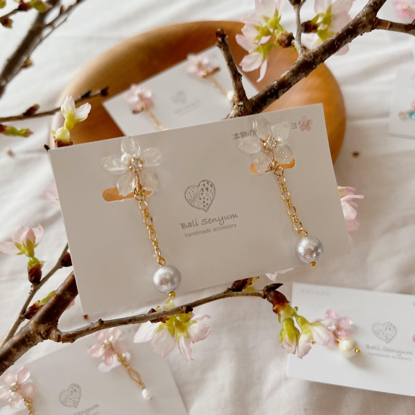 Someiyoshino Sakura Earrings with Japanese Cotton Pearl Chain #S033