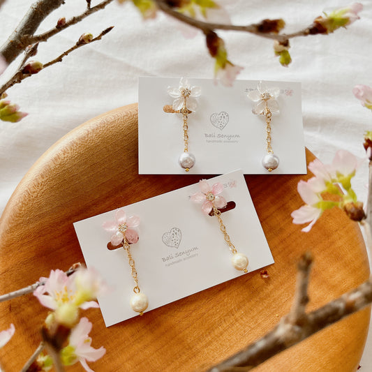 Someiyoshino Sakura Earrings with Japanese Cotton Pearl Chain #S033
