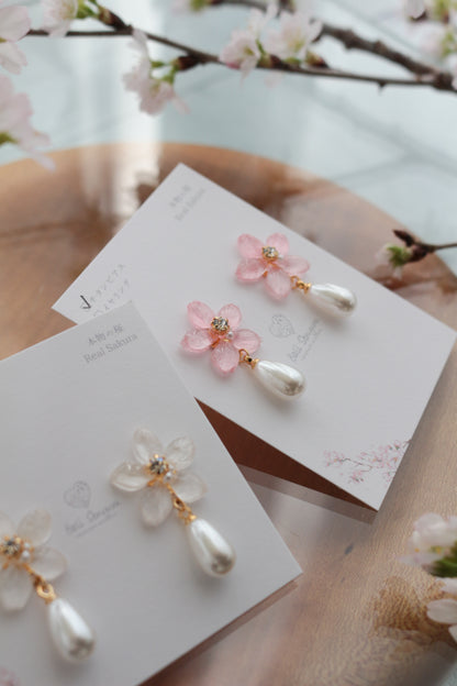 Small Someiyoshino Sakura Earrings with Drop Pearl