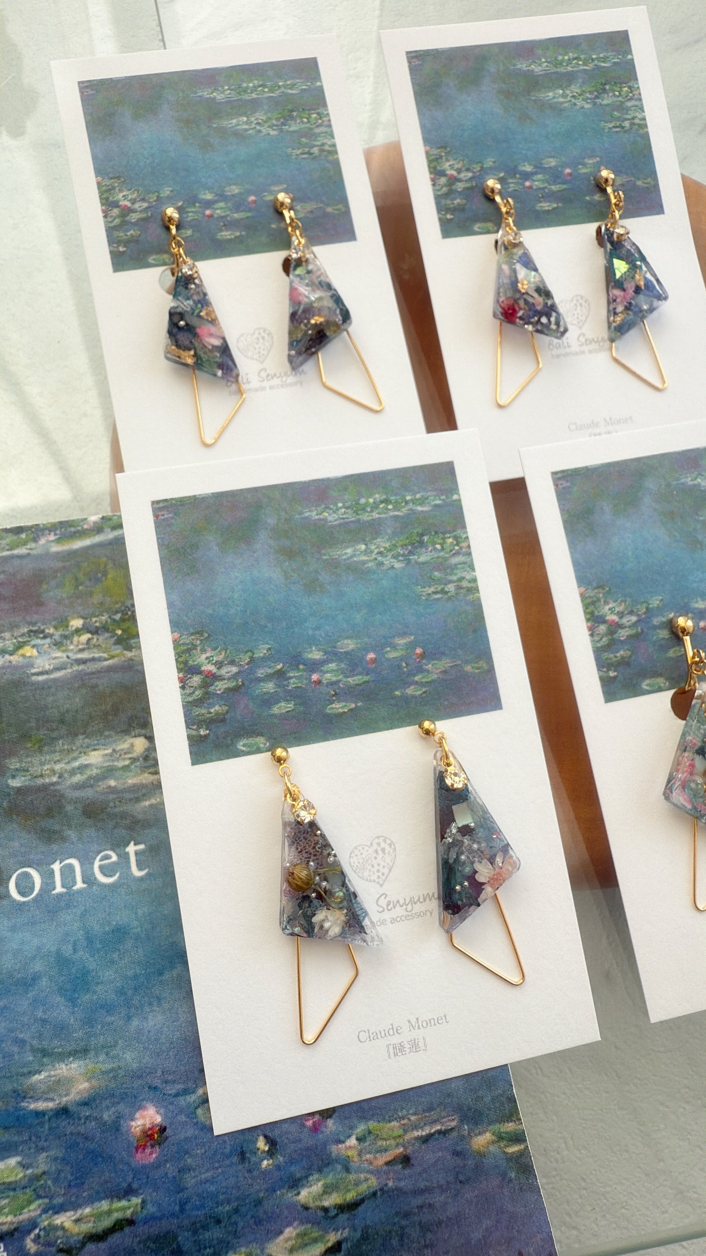 Claude Monet Water Lilies Inspired Triangular Floral Earrings -  No.34