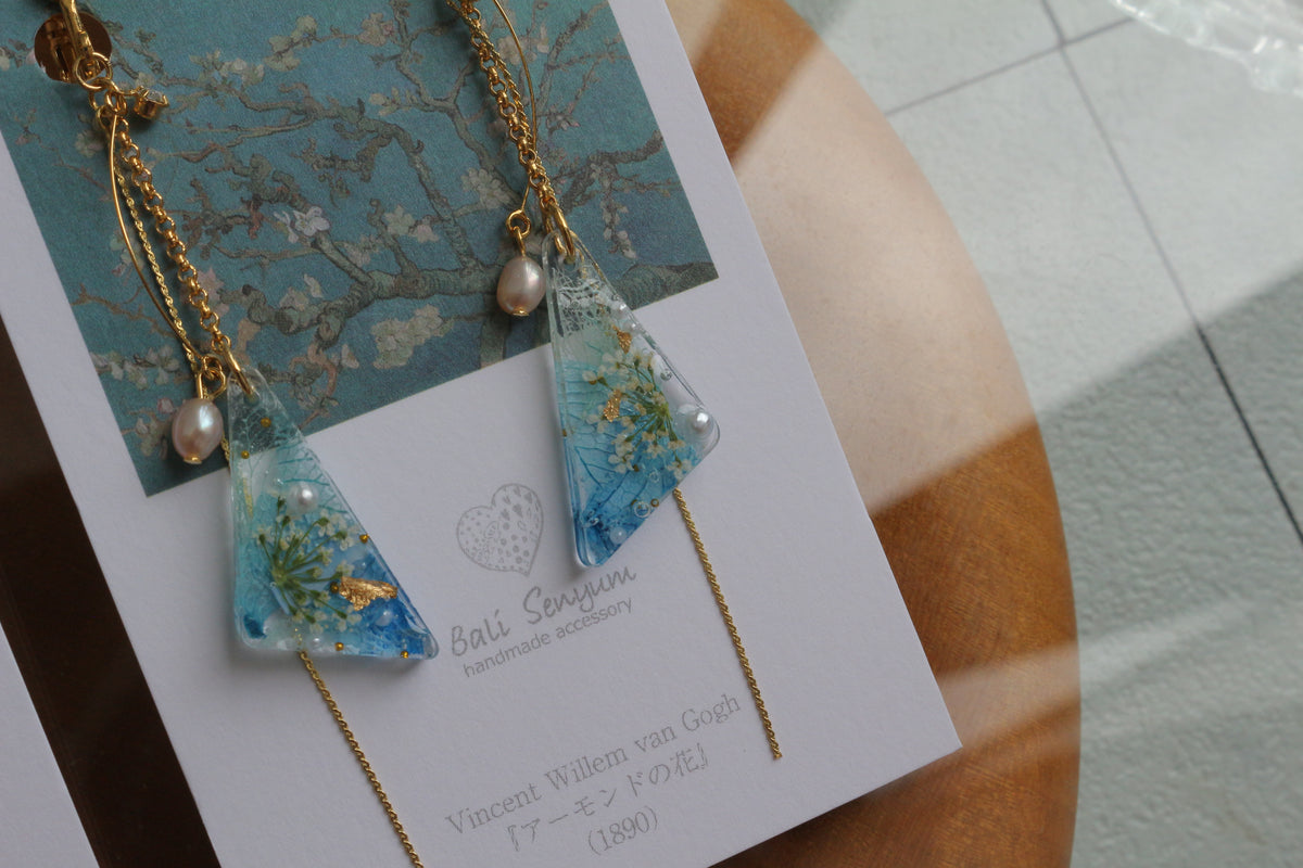 Gogh Almond Tree in Blossom Inspired Triangular Floral Earrings-アーモンドの花