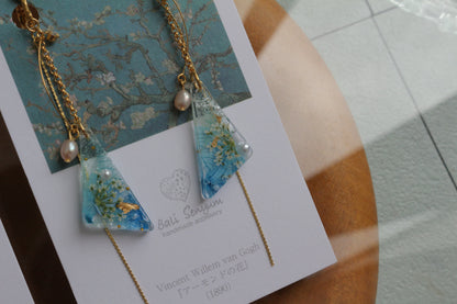 Gogh Almond Tree in Blossom Inspired Triangular Floral Earrings-アーモンドの花