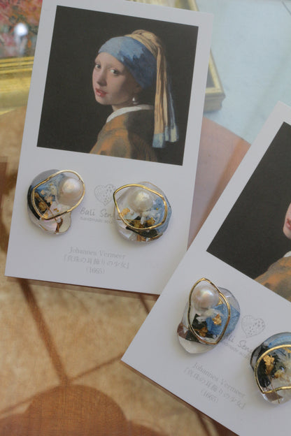 Vermeer's Inspired Flower & Pearl Earrings  No.1 イヤリング Clip-on 真珠の耳飾りの少女