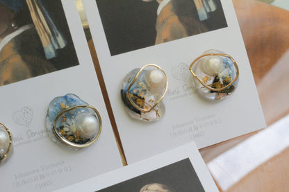 Vermeer's Inspired Flower & Pearl Earrings  No.1 イヤリング Clip-on 真珠の耳飾りの少女