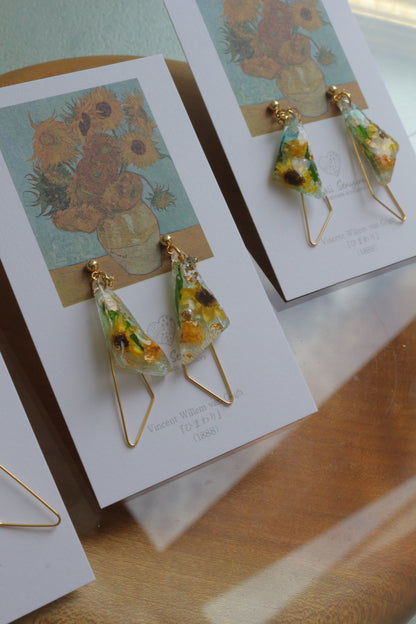 Gogh Inspired Triangular Floral Earrings-ひまわり