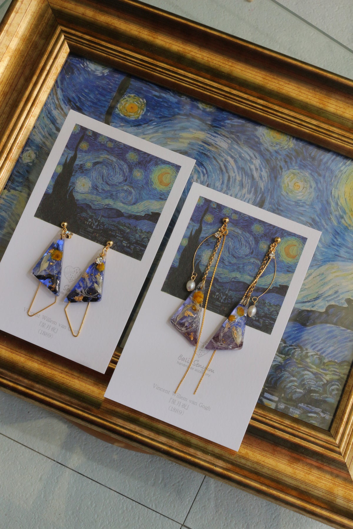 Gogh The Starry Night Inspired Triangular Floral Earrings-星月夜