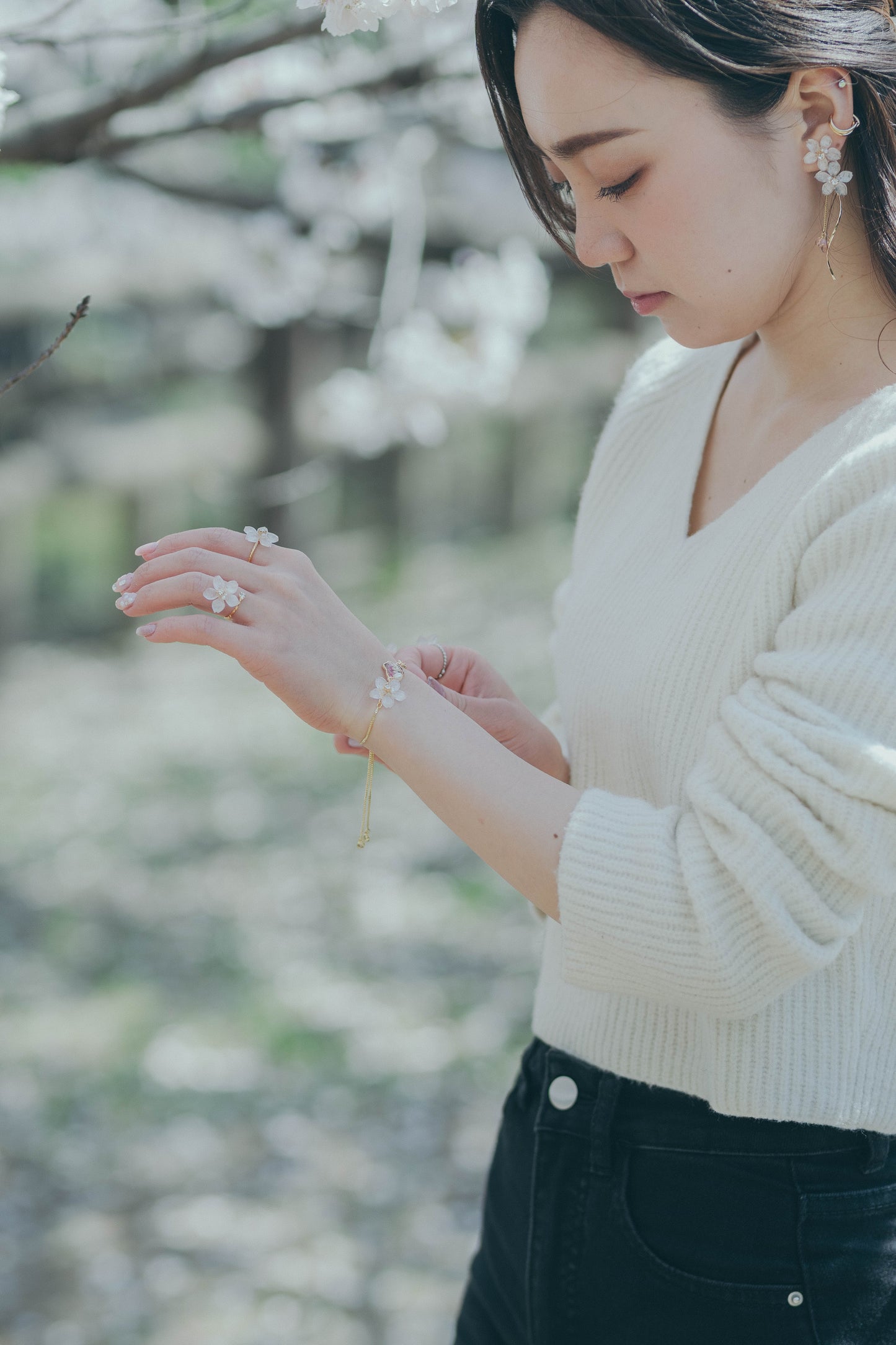 Someiyoshino Sakura Ring with Three Gems NEW #S053