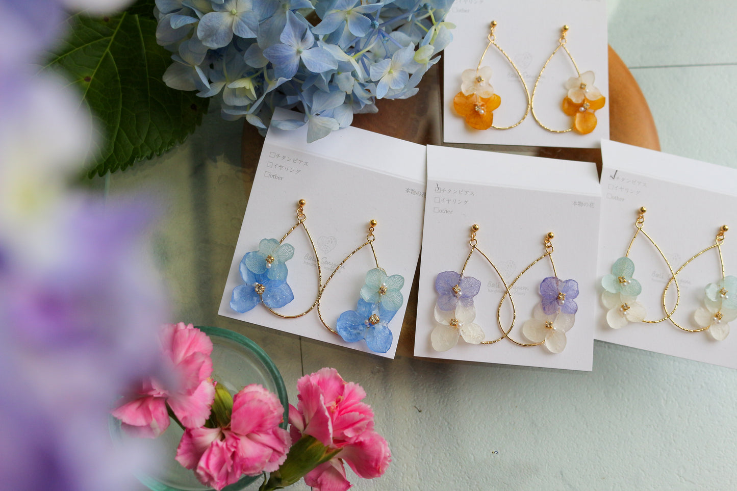 Teardrop Hoop Earrings with Hydrangeas No.15