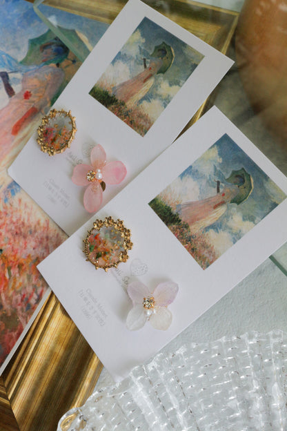 Monet Inspired Flower Earrings No.11 イヤリングClip-on 日傘をさす女性