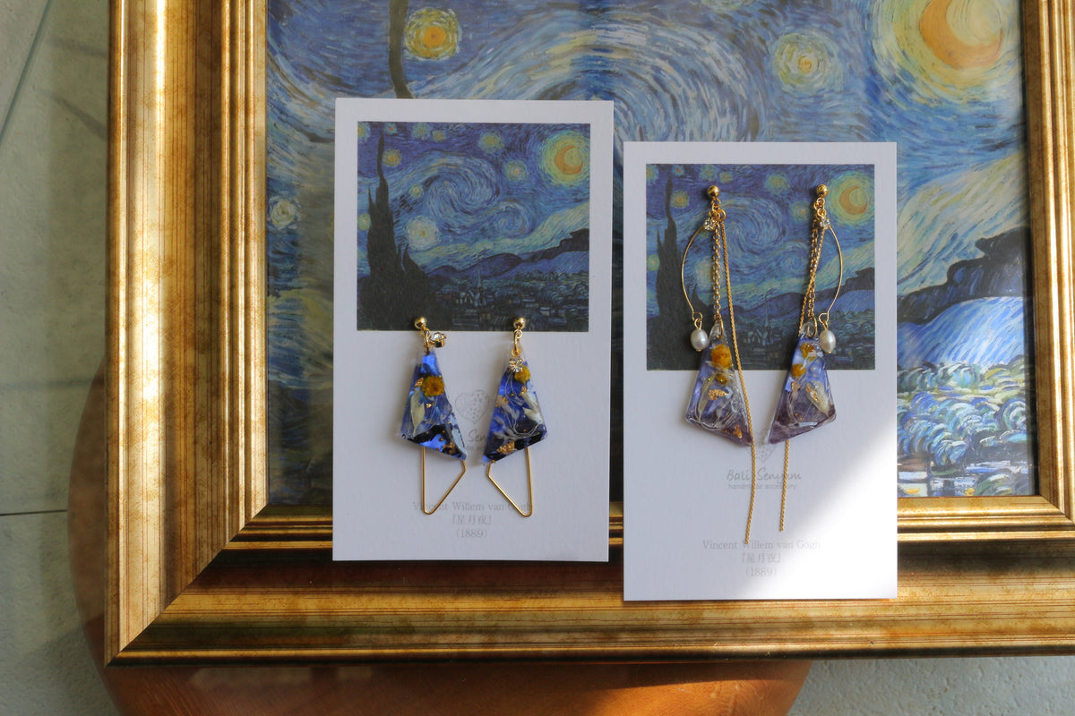 Gogh The Starry Night Inspired Triangular Floral Earrings-星月夜