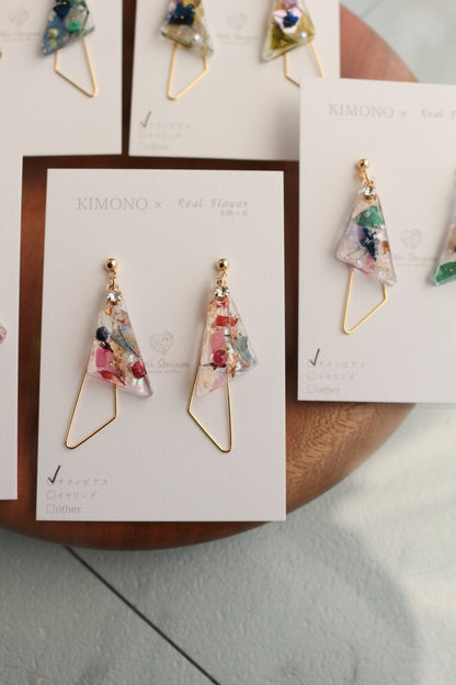 Triangular Floral Earrings - KIMONO Art Jewelry No.2 ピアス or イヤリング