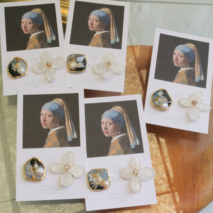 Vermeer's Inspired Flower and Medallion No.4 イヤリング Clip-on 真珠の耳飾りの少女