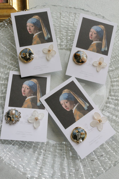 Vermeer's Inspired Flower and Medallion No.2 イヤリング Clip-on 真珠の耳飾りの少女