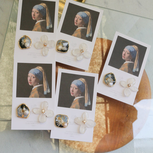 Vermeer's Inspired Flower and Medallion No.4 イヤリング Clip-on 真珠の耳飾りの少女