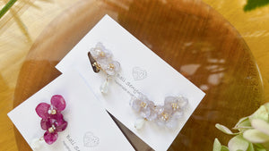 White moon stone & Hydrangea Earrings - Clip On  イヤリング No.2