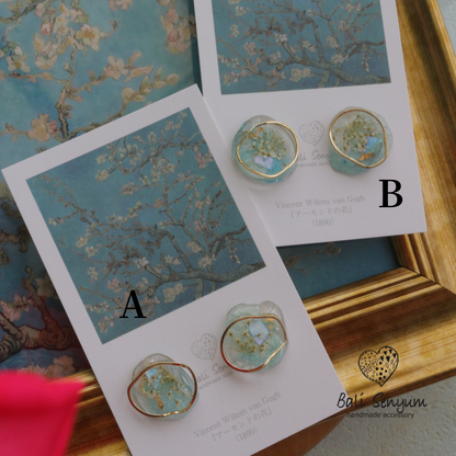 Gogh Inspired Flower Medallion Earrings No.2 ピアスTitanium Pierce アーモンドの花