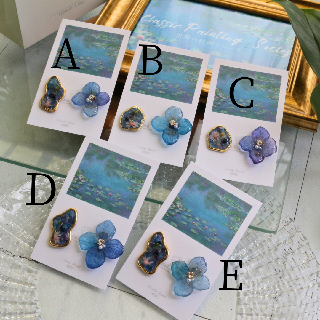 Monet's Water Lilies Inspired Flower and Medallion No.24 イヤリング Clip-on 睡蓮