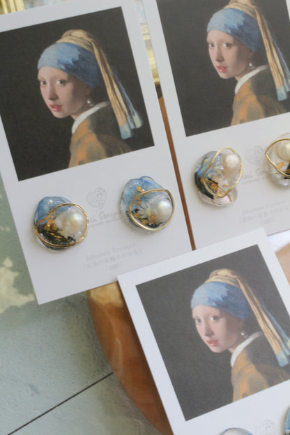 Vermeer's Inspired Flower & Pearl Earrings  No.1 イヤリング Clip-on 真珠の耳飾りの少女