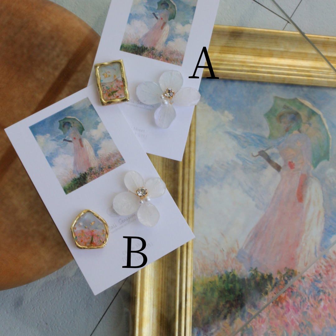 Monet Inspired Flower Earrings No.13 イヤリングClip-on 日傘をさす女性
