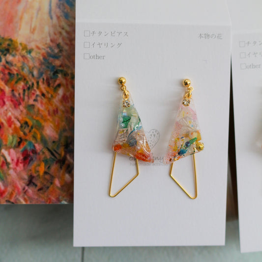 Claude Monet Woman with a Parasol Inspired Triangular Floral Earrings -  散歩　日傘をさす女性