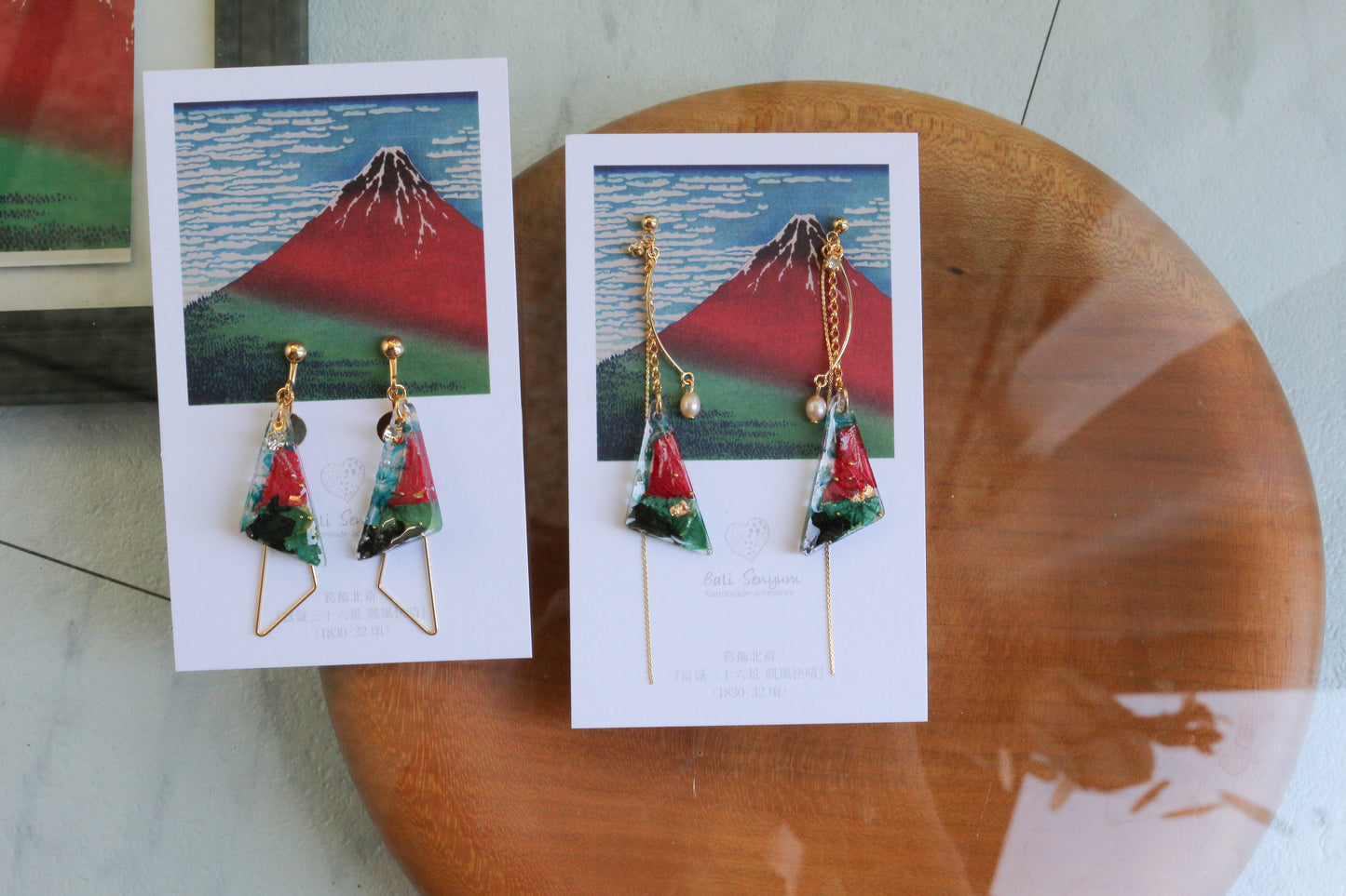 Hokusai Katsushika Inspired Triangular Floral Earrings -『富嶽三十六景』