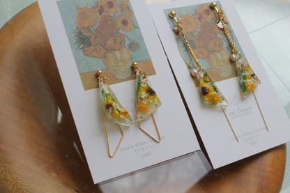Gogh Inspired Triangular Floral Earrings-ひまわり