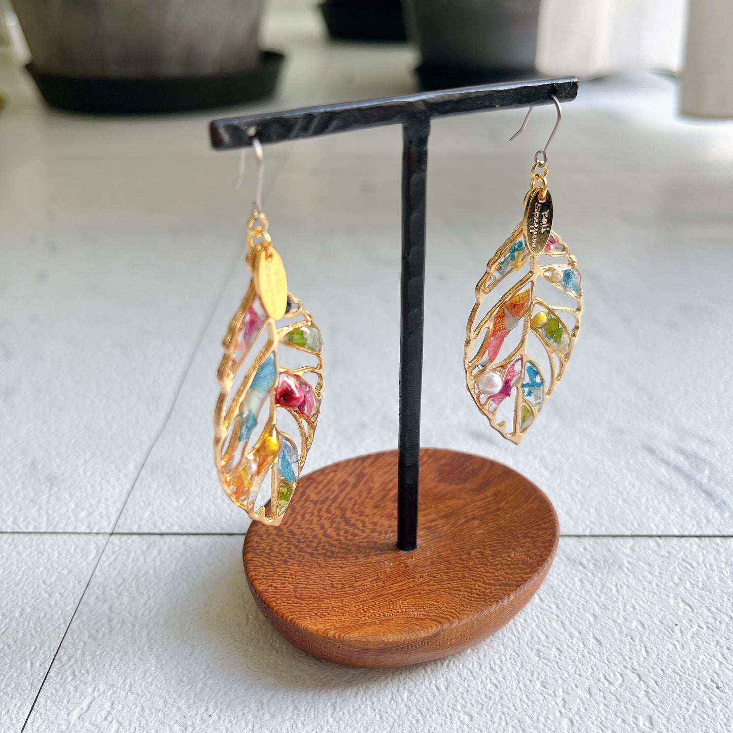 Leaf Earrings With Seasonal Flower Petals
