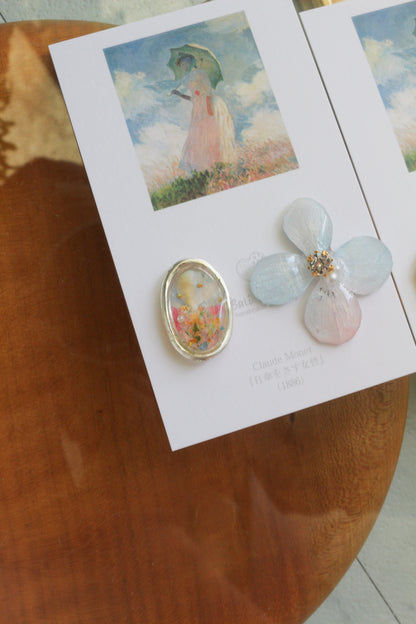 Monet Inspired Flower Earrings No.18 イヤリングClip-on 日傘をさす女性