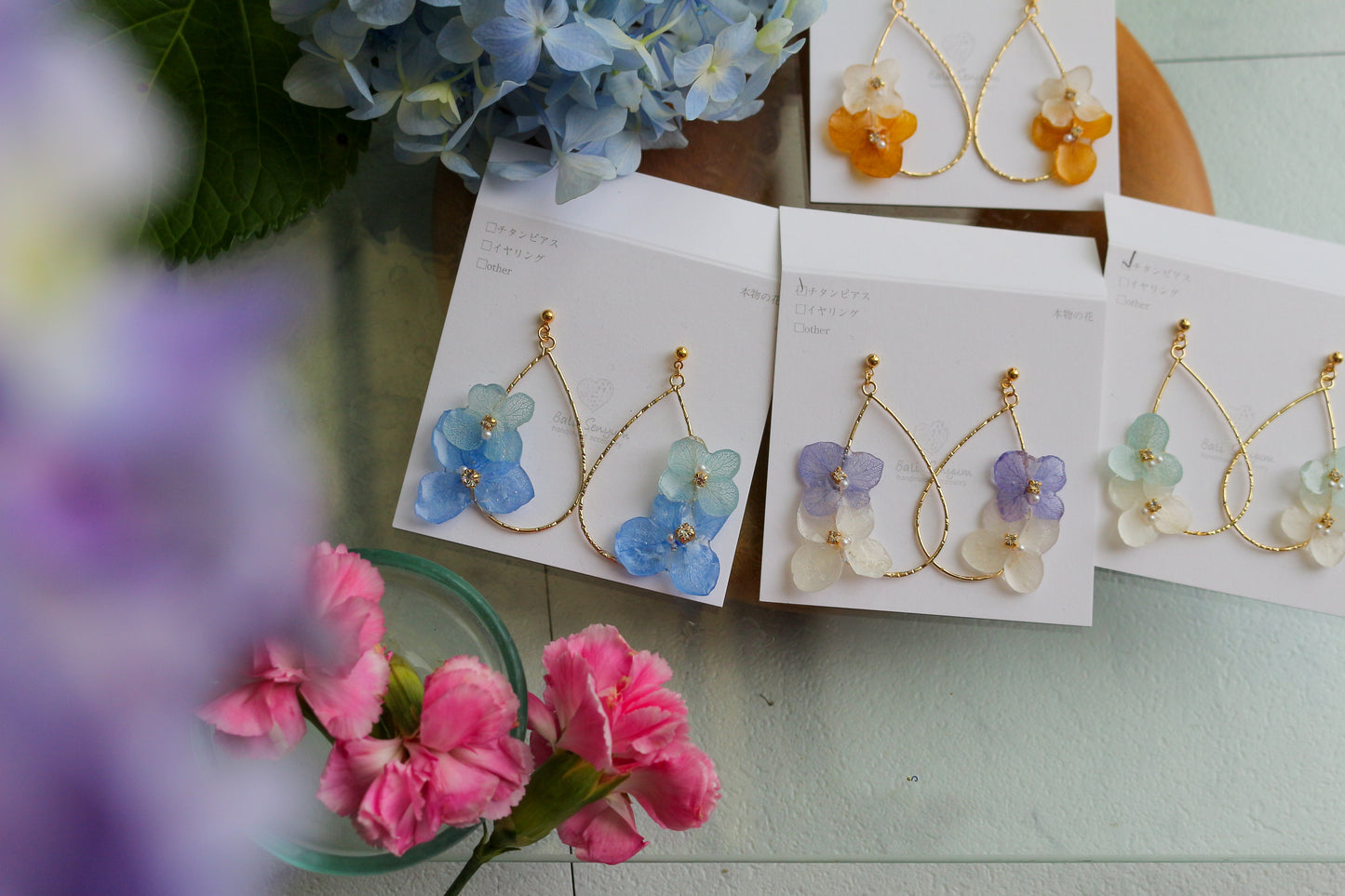 Teardrop Hoop Earrings with Hydrangeas No.15