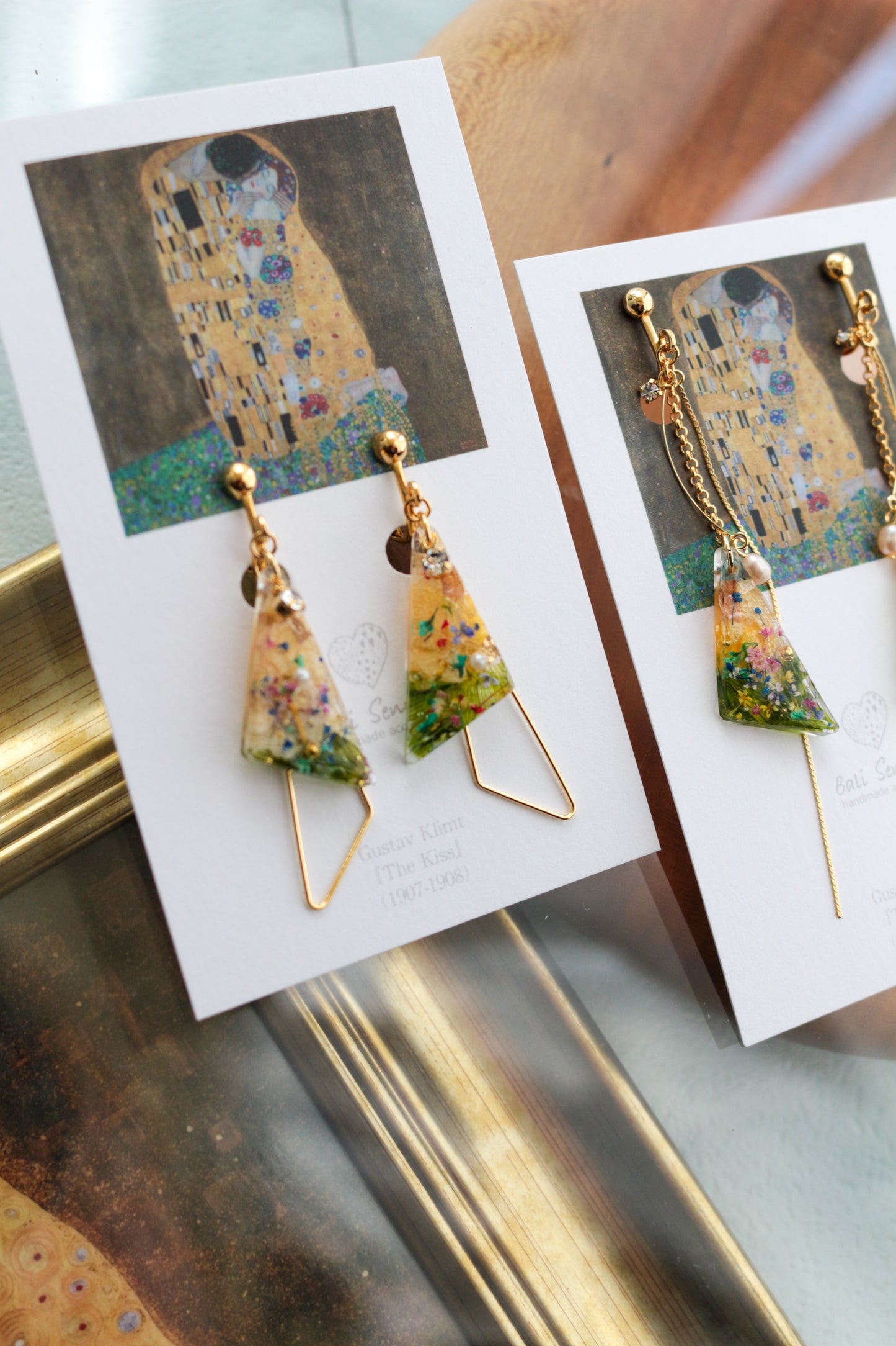 Gustav Klimt Inspired Triangular Floral Earrings - Kiss