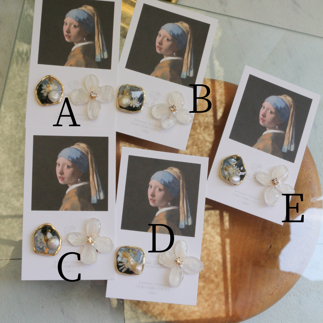 Vermeer's Inspired Flower and Medallion No.4 イヤリング Clip-on 真珠の耳飾りの少女