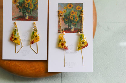 Claude Monet Sunflowers Inspired Triangular Floral Earrings-ひまわり