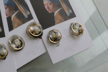 Vermeer's Inspired Flower & Pearl Earrings  No.5 イヤリング Clip-on 真珠の耳飾りの少女