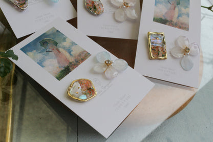 Monet Inspired Flower Earrings No.16 ピアスTitanium Pierce 日傘をさす女性