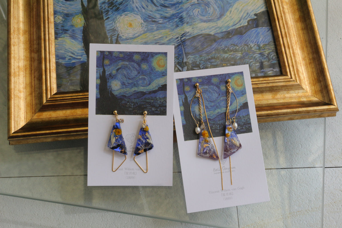 Gogh The Starry Night Inspired Triangular Floral Earrings-星月夜