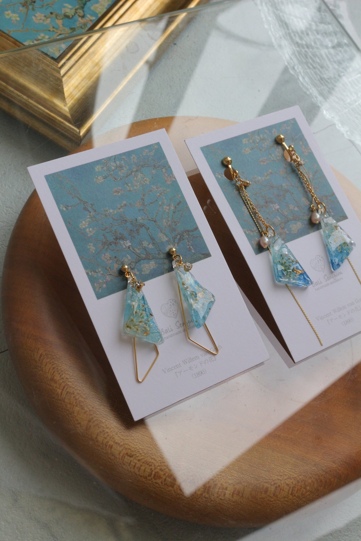 Gogh Almond Tree in Blossom Inspired Triangular Floral Earrings-アーモンドの花