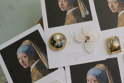 Vermeer's Inspired Flower and Medallion No.5 イヤリング Clip-on 真珠の耳飾りの少女