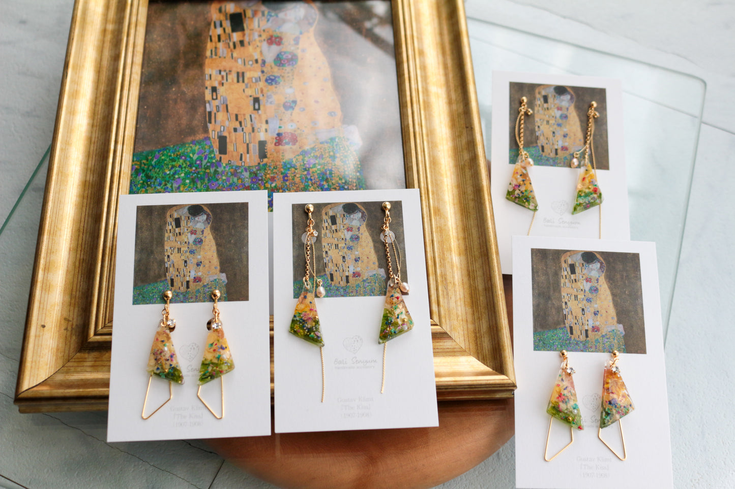 Gustav Klimt Inspired Triangular Floral Earrings - Kiss