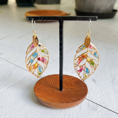 Leaf Earrings With Seasonal Flower Petals