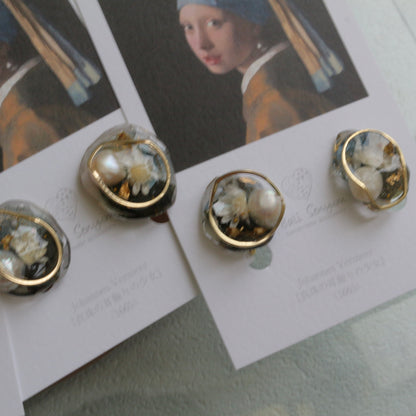 Vermeer's Inspired Flower & Pearl Earrings  No.5 イヤリング Clip-on 真珠の耳飾りの少女