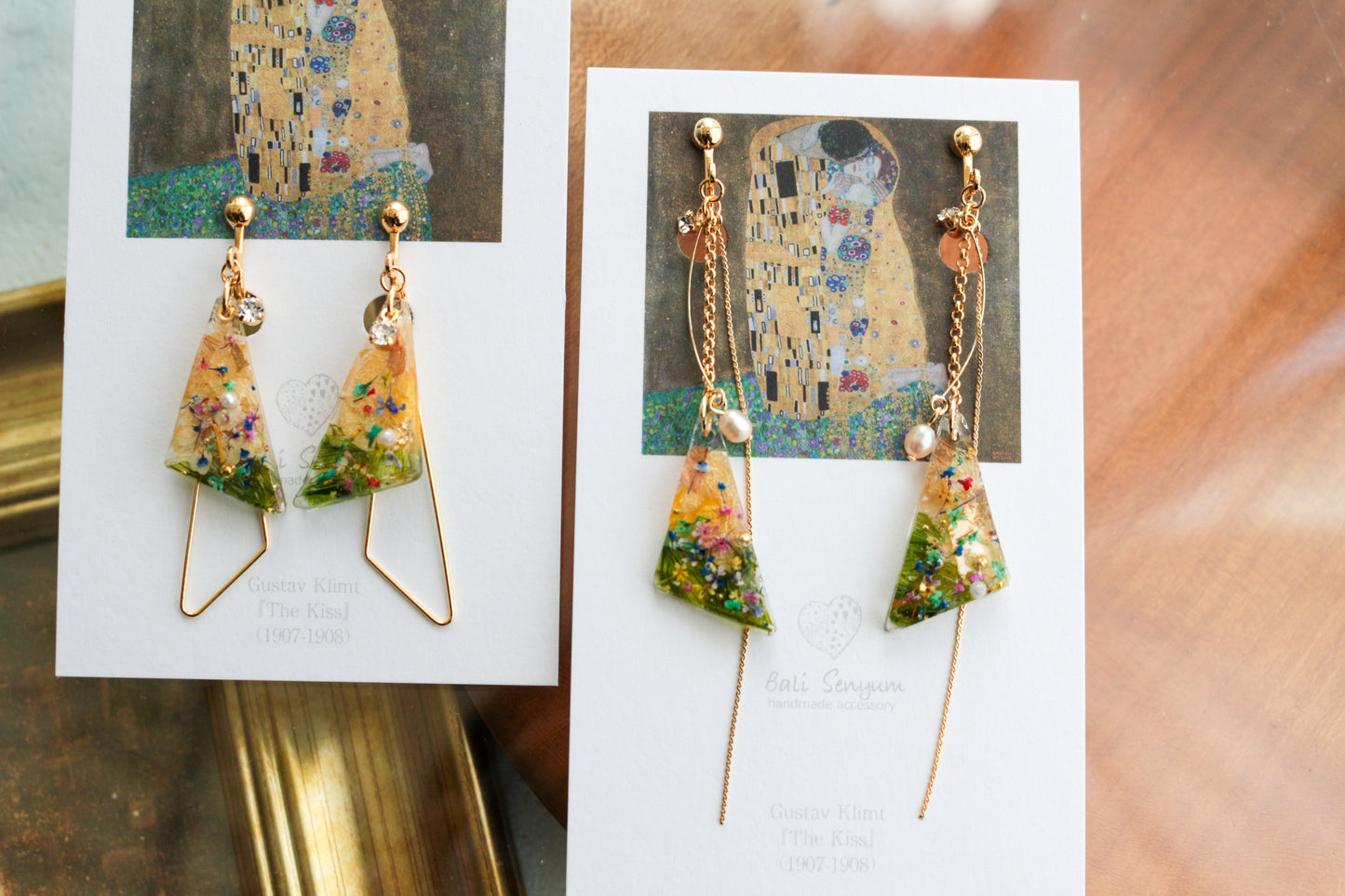 Gustav Klimt Inspired Triangular Floral Earrings - Kiss