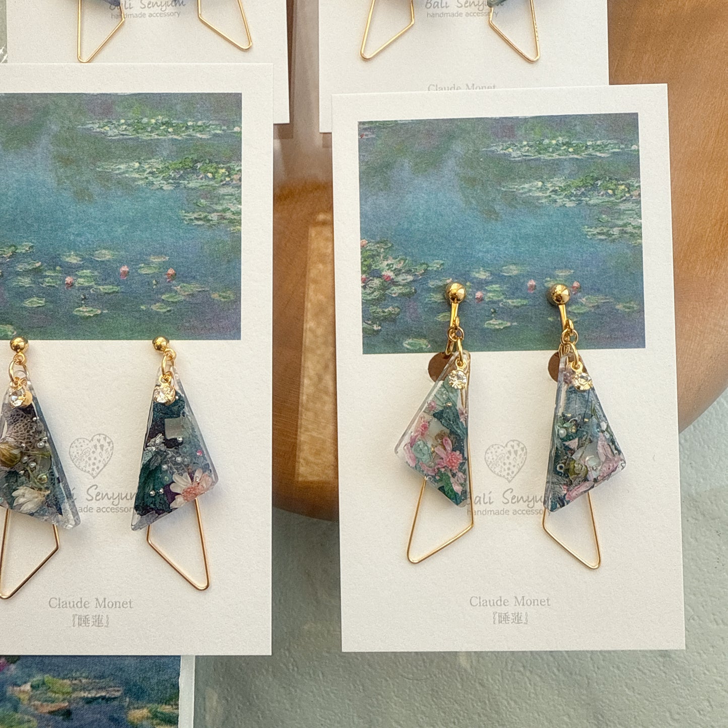 Claude Monet Water Lilies Inspired Triangular Floral Earrings -  No.34
