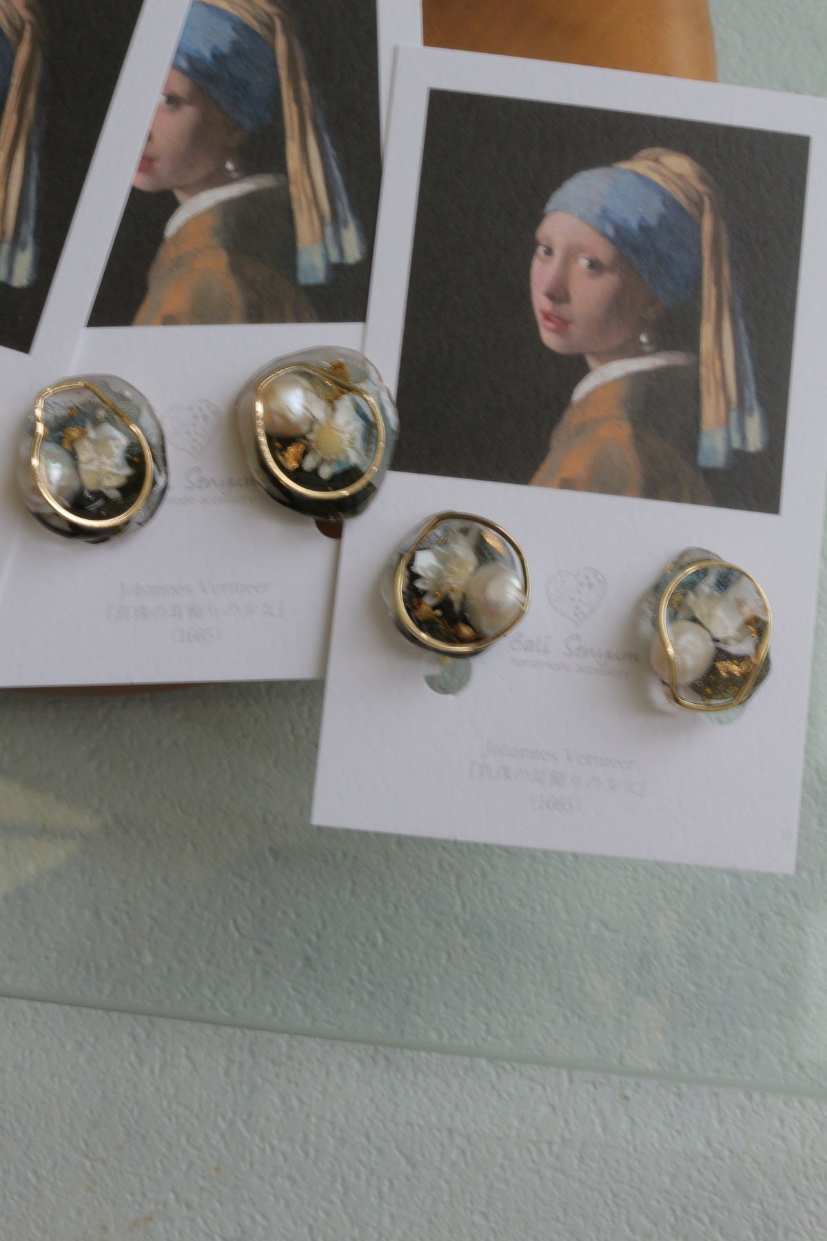 Vermeer's Inspired Flower & Pearl Earrings  No.5 イヤリング Clip-on 真珠の耳飾りの少女