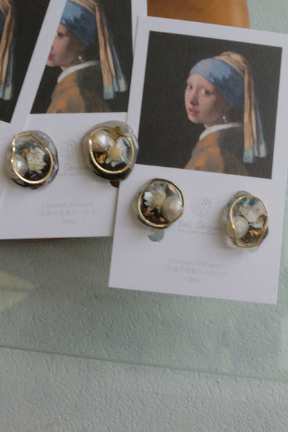 Vermeer's Inspired Flower & Pearl Earrings  No.5 イヤリング Clip-on 真珠の耳飾りの少女