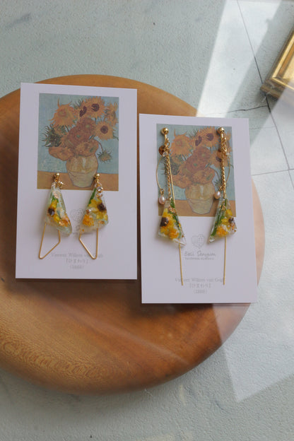 Gogh Inspired Triangular Floral Earrings-ひまわり