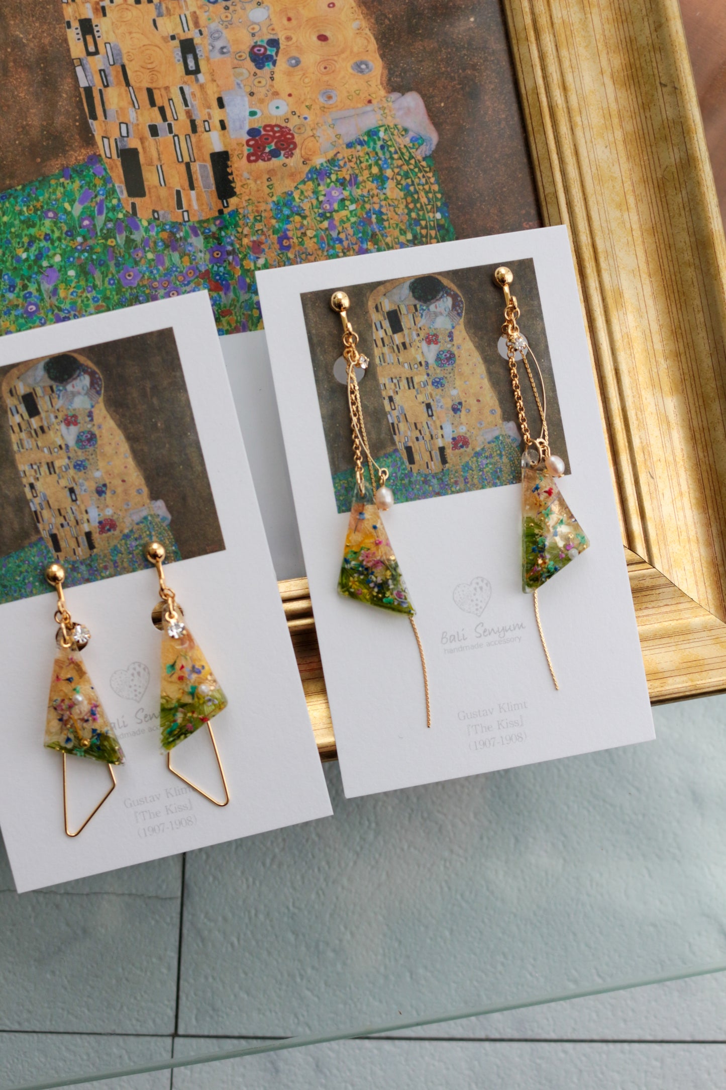 Gustav Klimt Inspired Triangular Floral Earrings - Kiss