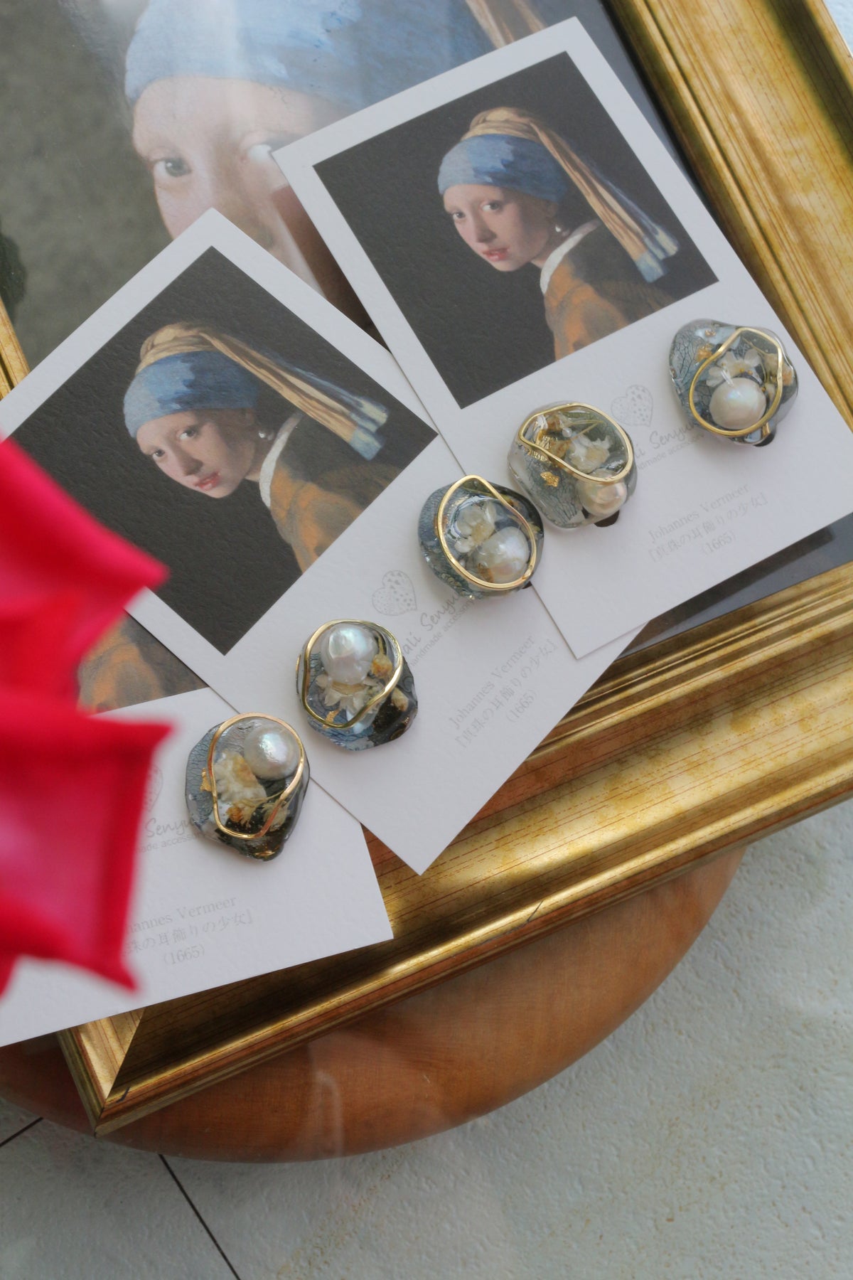Vermeer's Inspired Flower & Pearl Earrings  No.7イヤリング Clip-on 真珠の耳飾りの少女